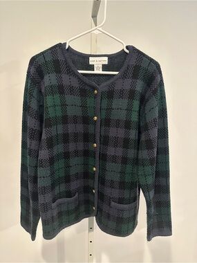 Vintage 90s Green and Black Plaid Button Cardigan with Gold Buttons Medium